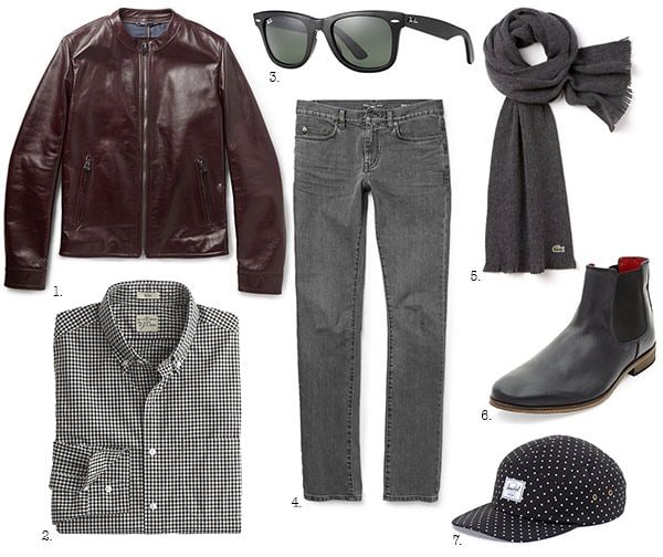 1. Cazadora de piel muy en el estilo de Gerard Butler, con corte slim-cut y triple cremallera al frente, de Dolce & Gabbana via Mr. Porter. 2. Bota Chelsea clásica para hombre, con gomas laterales que permiten una mayor flexibilidad al pie, de New Look. 3. Gorra en cinco paneles con diseño de topos sobre fondo negro, de Herschale. La gorra es un must de viaje para David Beckham o Gerard Butler entre otros. 4. Pantalón vaquero lavado de estilo slim-fit, de Saint Laurent via Mr. Porter. 5. Bufanda color gris en lana merino cien por cien, de Lacoste 6. Gafas de sol Ray-Ban Wayfarer, con montura clásica al estilo de Chris Hemsworth. 7. Camisa de algodón de tejido guinga, con cuadro pequeño, de J.Crew. 