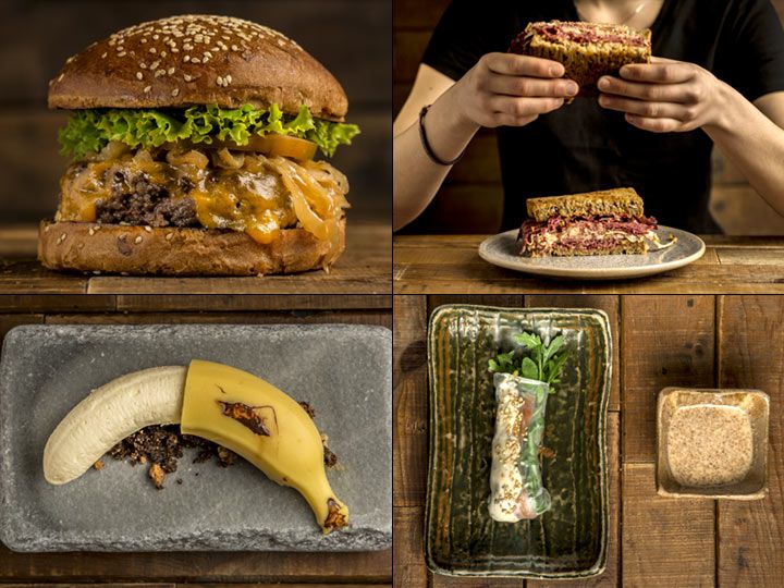 Algunos de los platos que se pueden degustar en Canalla Bistro (de arriba abajo y de izquierda a derecha): Hamburguesa de vaca gallega ecológica, cebolla, queso y mostaza; Sandwich de pastrami estilo ‘Katz’; Oro parece, plata no es; y Nem vietnamita de salmón ahumado, rúcula y queso tártaro.
