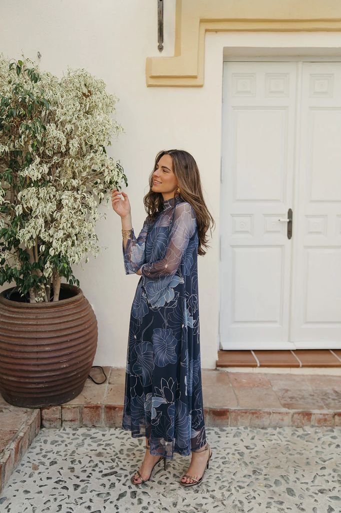 Vestido invitada azul transparencias Clouté