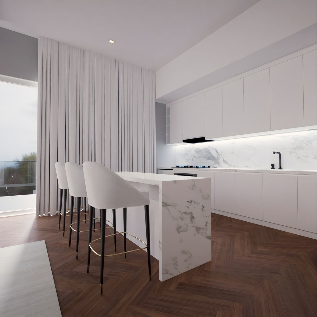 Cocina con suelo de madera oscura