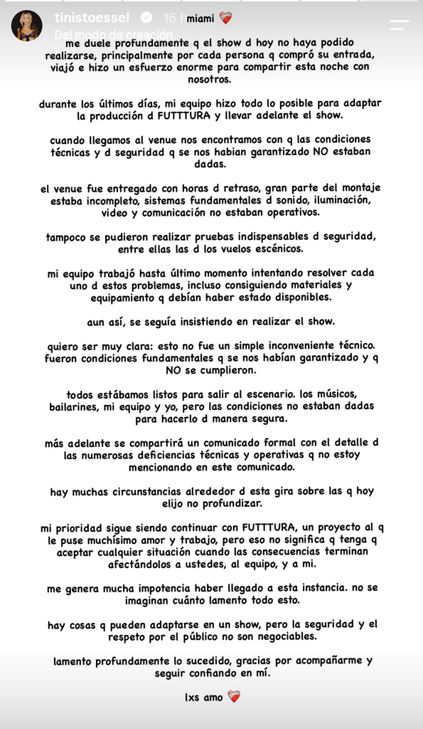 El comunicado de Tini Stoessel tras la cancelación de su show en Miami.