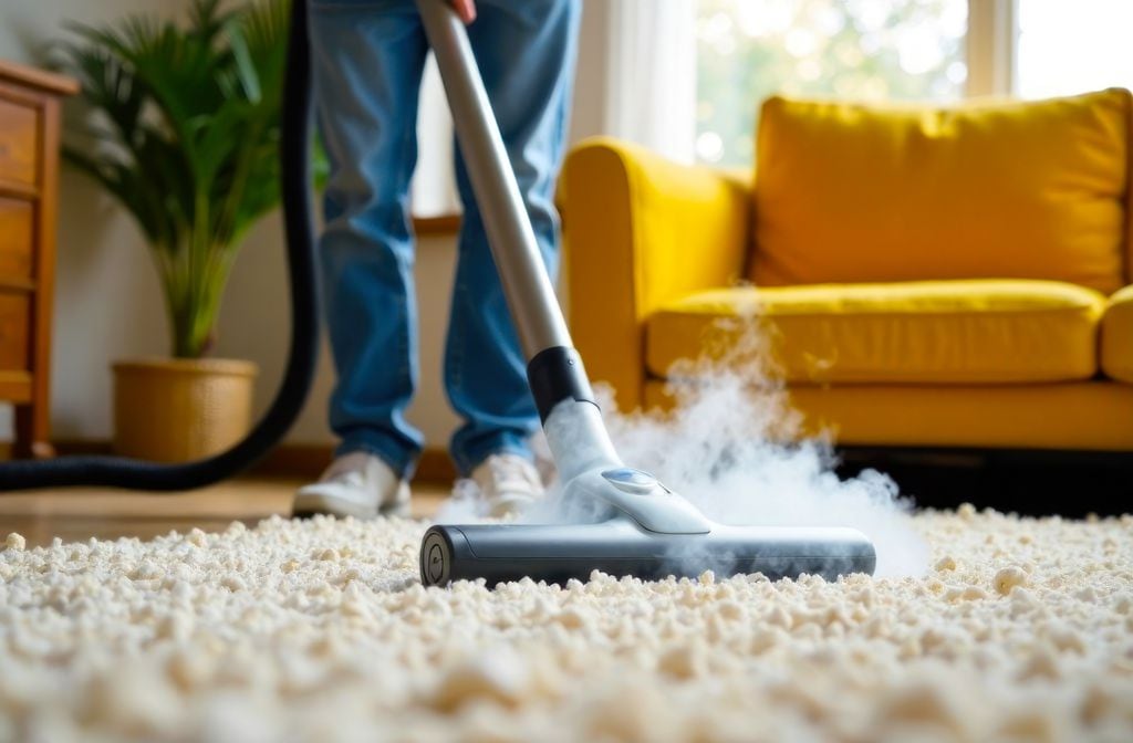 Persona usando una vaporeta en la alfombra