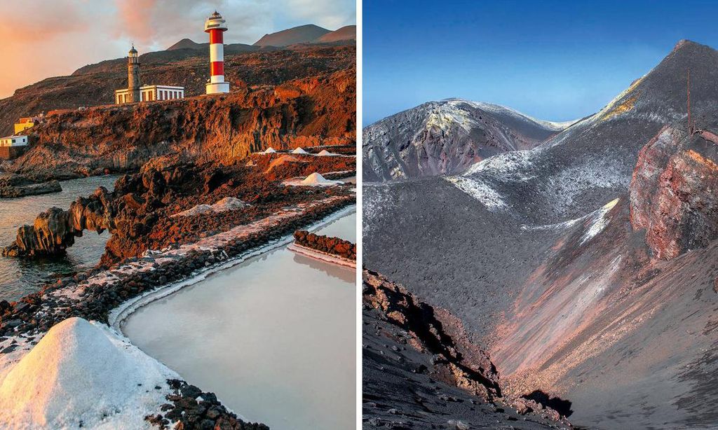 
A la izquierda, el faro que marca el confín de la isla vigila las salinas de Fuencaliente, declaradas Sitio de Interés Científico por ser lugar de descanso de numerosas aves migratorias. A la derecha, el nuevo paisaje del volcán en Cumbre Vieja.
