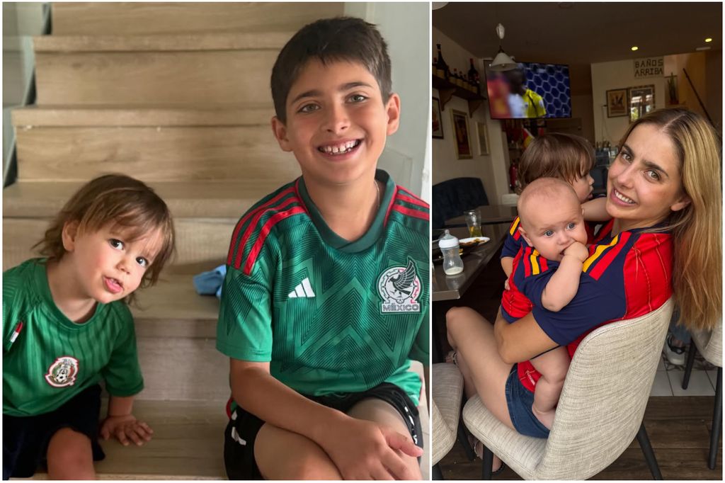 Michelle Renaud y sus hijos han apoyado a México y España en este Mundial.