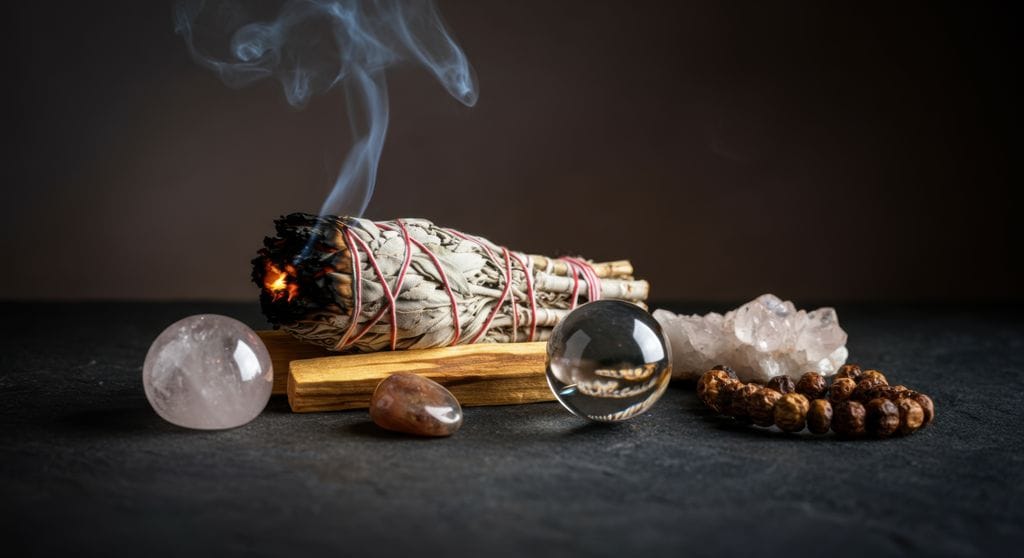Atado de salvia blanca ardiendo sobre madera de palo santo con cristales curativos y cuentas de rudraksha, creando una atmósfera mística para un ritual de limpieza.