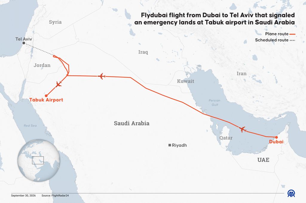 Vuelo de Flydubai de Dubái a Tel Aviv que activó una alerta de emergencia aterriza en el aeropuerto de Tabuk, Arabia Saudita.