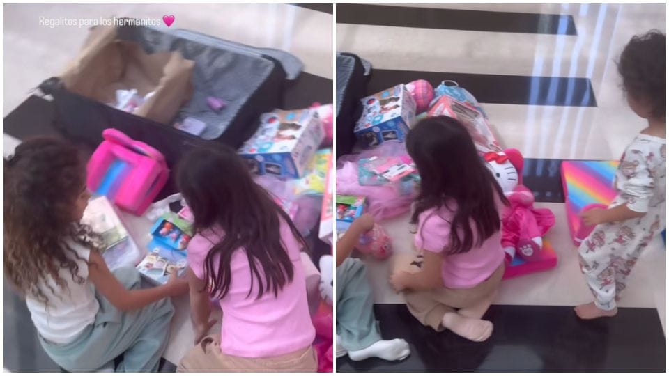Eva María, Alana Maritna y Bella Esmeralda viendo los juguetes que su mamá les compró en su viaje.