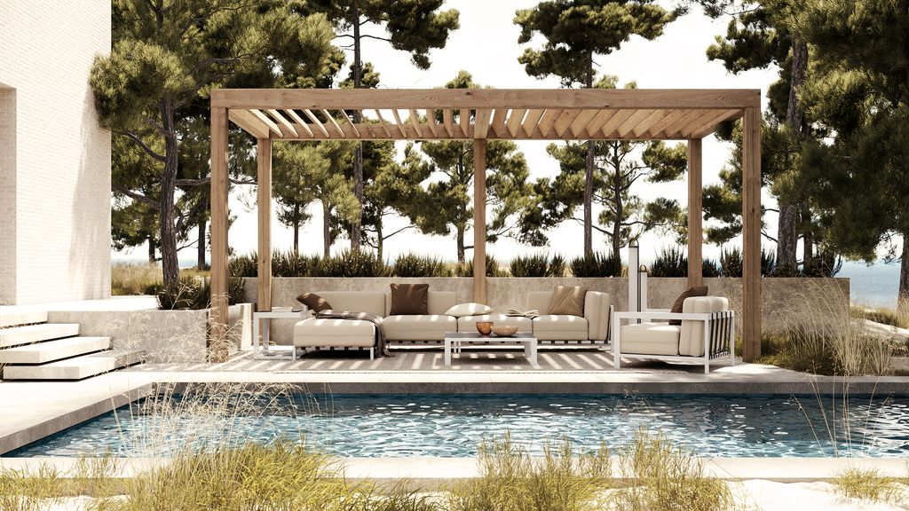 Pérgola de madera junto a la piscina
