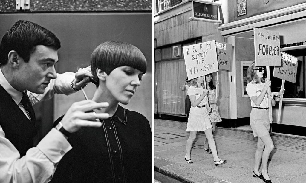 
Moda para todos: lanzó una línea ‘low cost’ para que sus diseños estuvieran al alcance de todos. Sobre estas líneas, a la izquierda, con Vidal Sassoon, artífice de su famoso e imitado corte de pelo. A la derecha, defensoras de la mini manifestándose en las calles. Arriba, en 1966, cuando la reina Isabel II le concedió la Orden del Imperio Británico.
