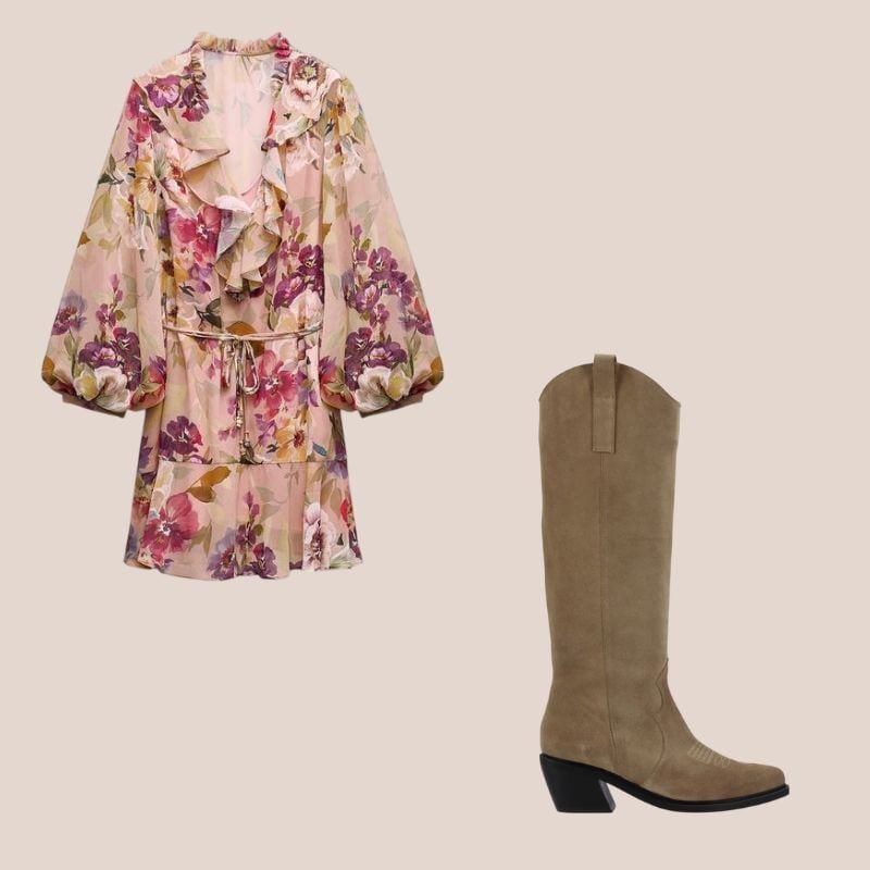 vestido de flores y botas de ante