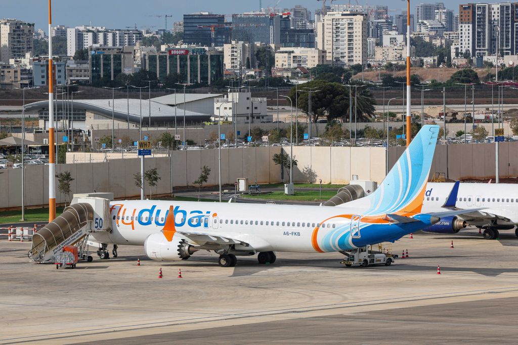 A flydubai flight bound for Dubai is seen before taking off from Ben Gurion Airport near Tel Aviv on September 30, 2026. A passenger on a rerouted flydubai flight that was bound for Tel Aviv said one of the pilots tried to crash the plane and kill everyone on board, after both pilots were found to be wounded on landing in Saudi Arabia. In the first comment by an official, Israel's far-right national security minister Itamar Ben Gvir alleged an attempted "terrorist" attack in the incident, in which none of the passengers reported injuries. (Photo by Jack GUEZ / AFP via Getty Images)