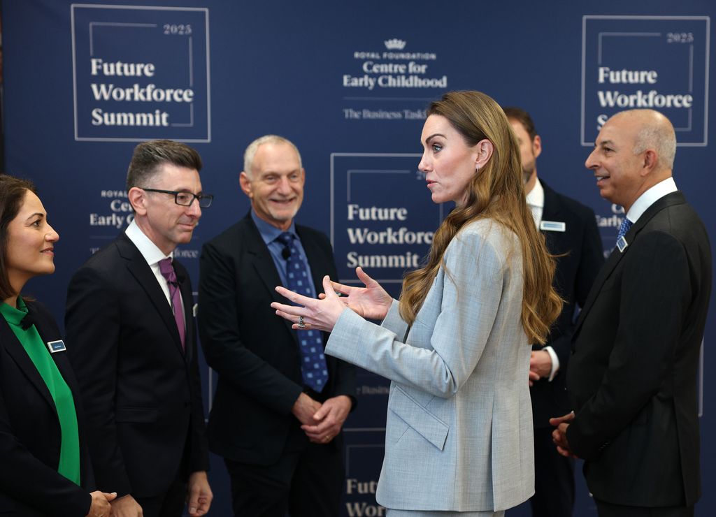 LONDON, ENGLAND - NOVEMBER 18: Britain's Catherine, Princess of Wales (3R) talks with British journalist and broadcaster Mishap Hussein (L), Yale Professor Marc Brackett (2L) and Harvard medical school professor Robert Waldinger (C), as she attends the The Future Workforce Summit, hosted by The Royal Foundation Business Taskforce for Early Childhood, on November 18, 2025 in London, England. The Summit is set to bring together the UK's most influential business leaders in the hope of driving further action and investment in the early years. (Photo by Adrian Dennis - WPA Pool/Getty Images)
