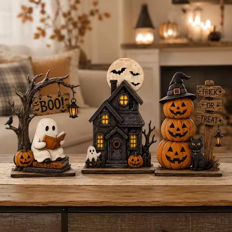 6/3 piezas de estilos surtidos al azar, decoraciones vintage de madera para interiores de Halloween