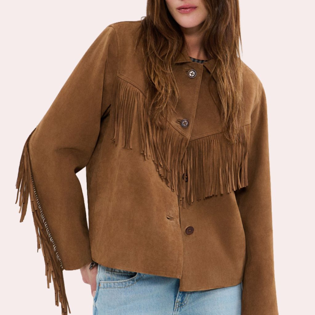 Cazadora de piel de mujer con flecos - Brownie - Marrón