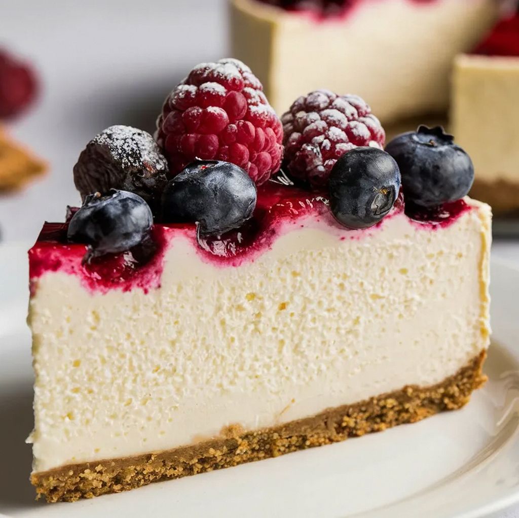 Tarta fría de queso y frutos rojos.