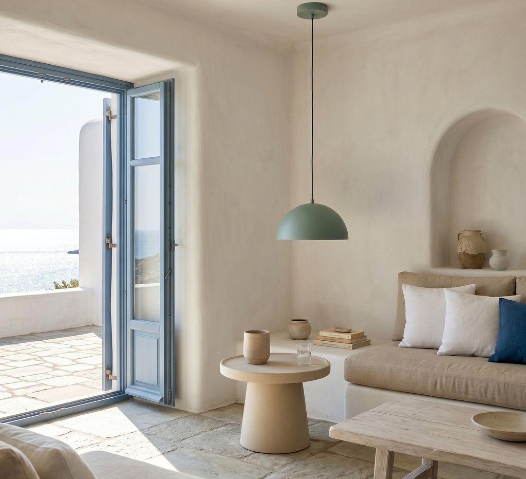 Salón de estilo mediterráneo con paredes blancas y carpintería azul