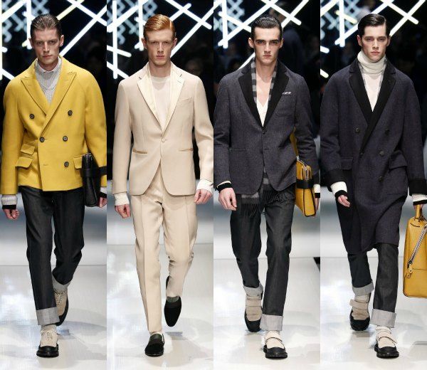 CANALI. Partiendo de las rayas horizontales, la nueva coelcción de Canali investiga un nuevo patrón masculino, recuperando la tendencia del pantalón tobillero -algo casi siempre relegado a un tipo concreto de prendas, más estrechas, y que en esta ocasión no sólo no van pegadas a la piel sino que llevan un clásica raya marcada al frente-, alternándolo con guiños en color mostaza, tanto en prendas de outwear como complementos (bolsos de mano y fundas para iPad incluidos), maxicuadros muy rigurosos en negro sobre blanco, trencas -las grandes desaparecidas en lo que va de fashion week milanesa-, y detalles jaspeados.
