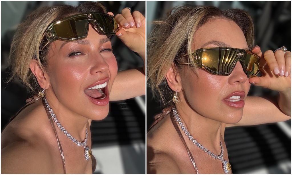 Thalía lució glamurosa con unas gafas futuristas y un collar de diamantes.
