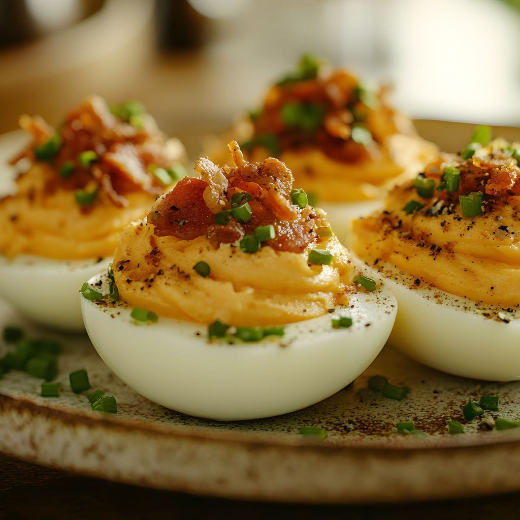 Huevos rellenos con ‘topping’ de bacon crujiente y cebollino
