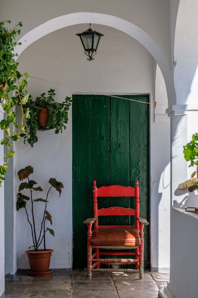 Patio andaluz con una silla de madera y varias plantas colgantes. 
