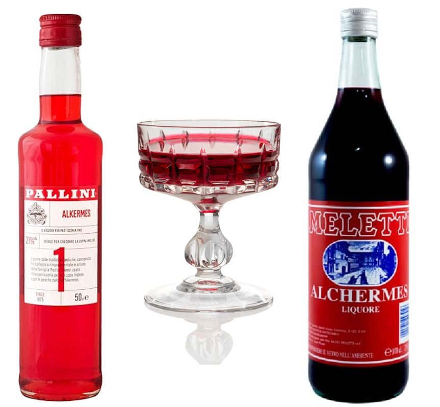 Licor Alchermes, muy característico por su intenso color rojo, ingrediente imprescindible para este postre.