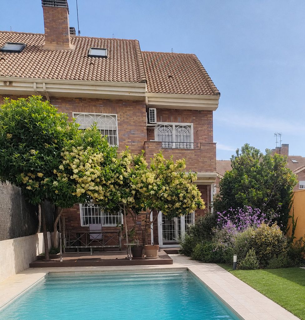 Árboles bien seleccionados en un jardín con piscina