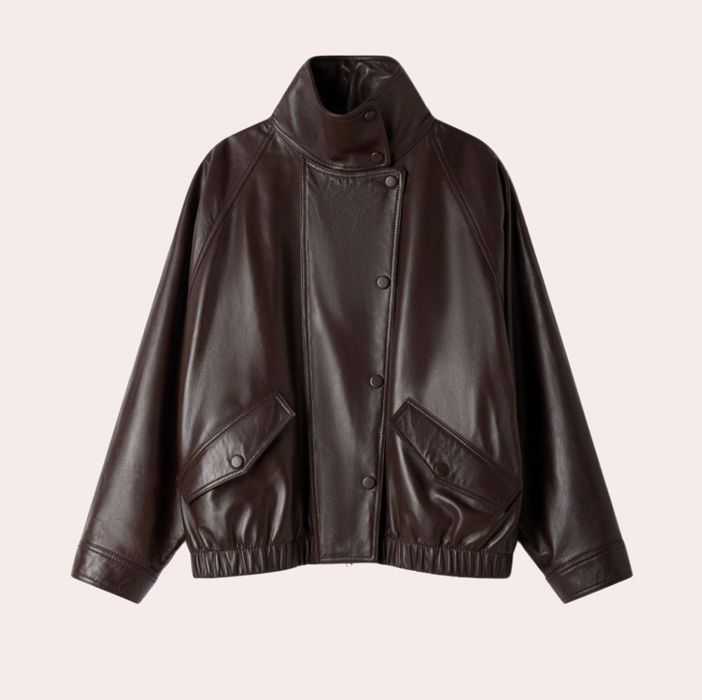 Cazadora de mujer oversize de piel y cuello alto - Sandro - Marrón