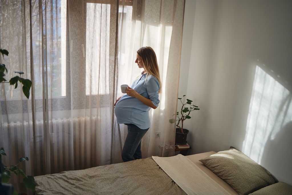 Mujer embarazada de gemelos mirando por la ventana