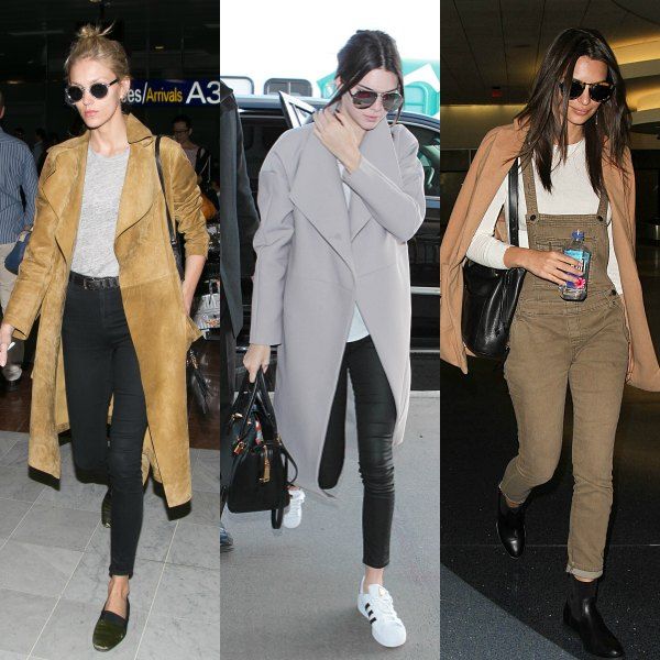 Las modelos que se deciden por el maxiabrigo de viaje son Anja Rubik y Kendall Jenner. Emily Ratajkowski se decanta por el tres cuartos en nude sobre peto vaquero de color marrón.

