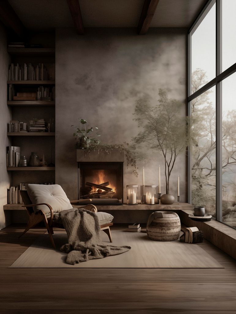 Rincón de lectura con chimenea