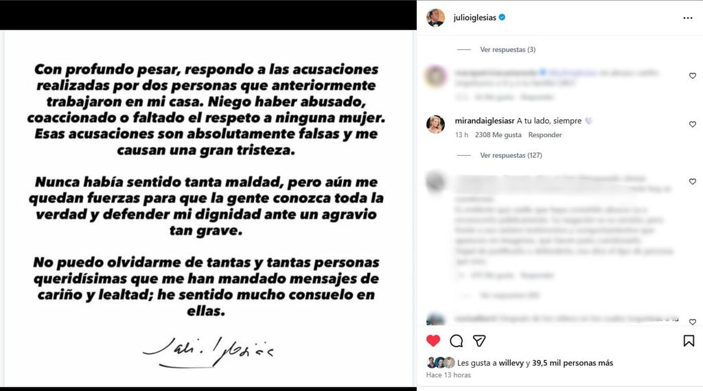La esposa del cantante ha comentado el comunicado oficial del cantante en sus redes sociales.
