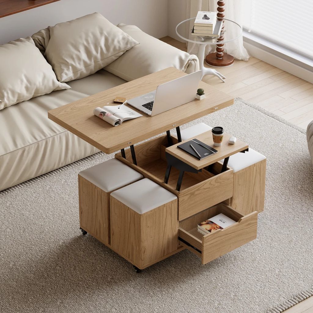 Mesa de centro multifuncional con tapa elevable, taburetes y ruedas 