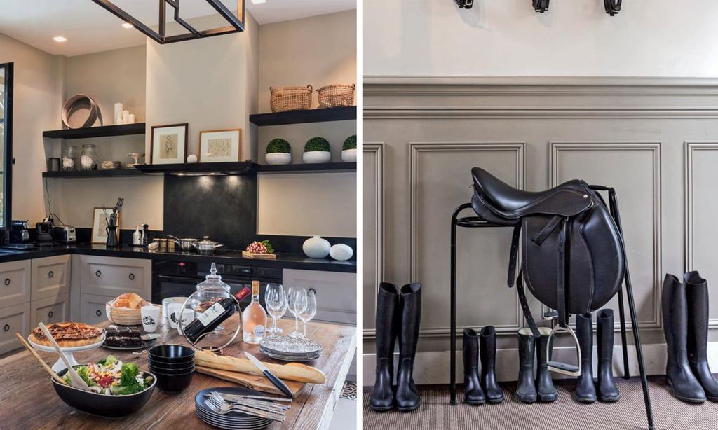 
La cocina, en blanco y negro, desde la que se accede a un huerto donde cultivan sus propias hortalizas y verduras y crían pollos y otros animales domésticos. El comedor tiene una mesa diseñada a medida, que lo mismo sirve para el desayuno que para una comida campestre con la familia y amigos. La vajilla es de Bruno Evrard, colección ‘PILA’; la cubertería es de Bloomingville, y la cristalería de LSA International, colección ‘Edge’. Y, abajo, una montura y las botas de montar a caballo, un deporte que practican todos.
