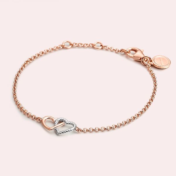 Pulsera plata 925 bañada en oro rosa de 18K y corazón de plata 925