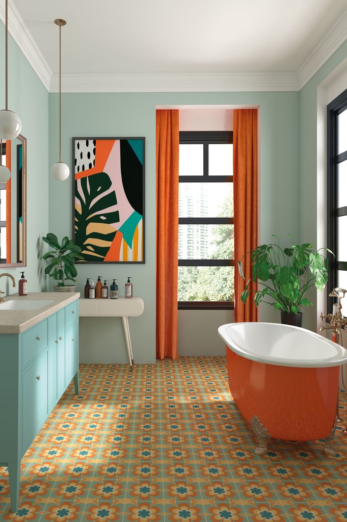 Baño con suelo porcelánico efecto hidráulico