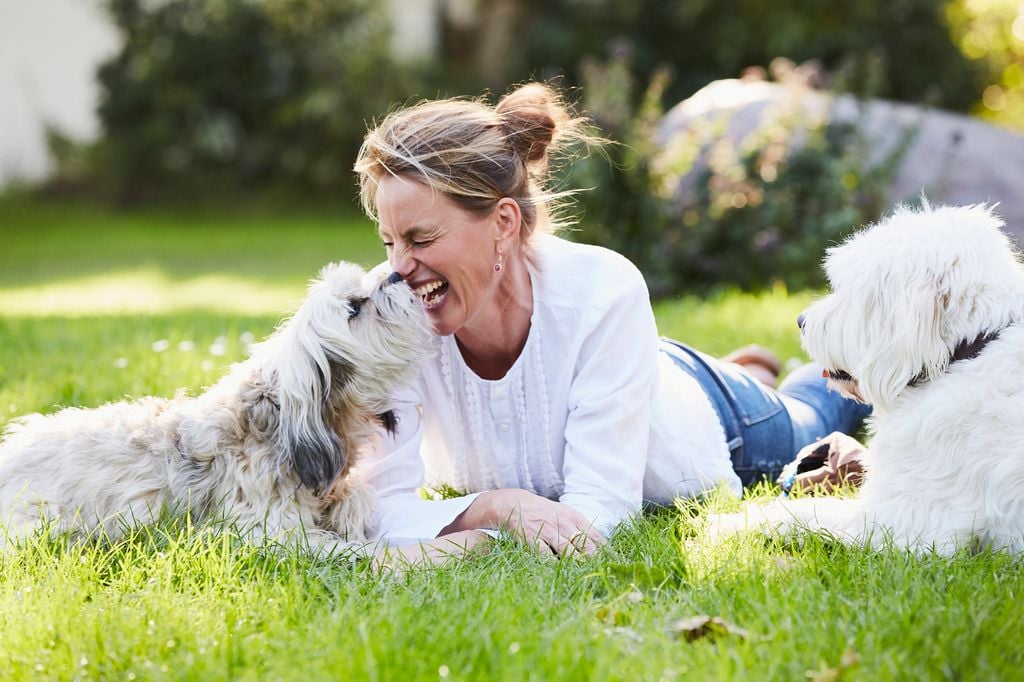 Mujer tumbada en el césped jugando con sus perros