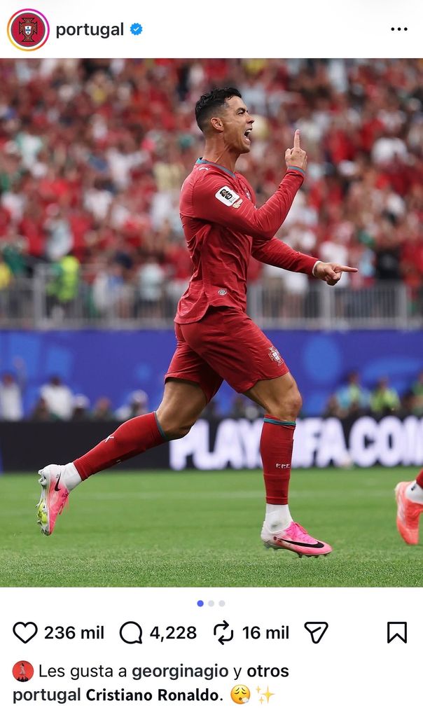 Georgina Rodríguez le dio 'like' a una publicación de las redes oficiales de Portugal, tras el primer gol de 'CR7' ante Uzbekistán.