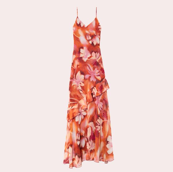 Vestido midi de tirantes con volante y corte lencero