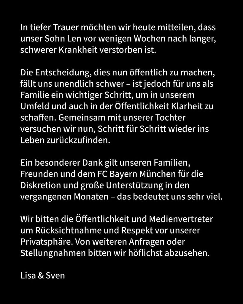 Sven Ulreich, portero del Bayern de Múnich, anuncia la muerte de su hijo de seis años