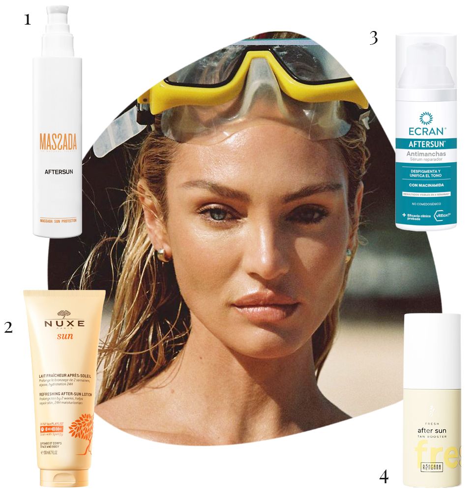 1) 'Aftersun', Massada / 2) 'Leche refrescante rostro y cuerpo', Nuxe / 3) 'Aftersun antimanchas', Ecran / 4) 'FRESH aftersun & tan booster', Ringana