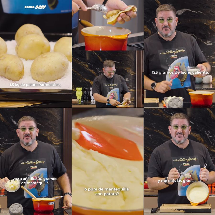 Dani García, en distintos momentos durante la preparación de su receta inspirada en el puré de Robuchon