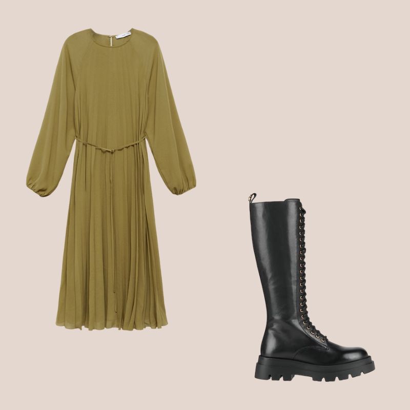 vestido plisado y botas militares