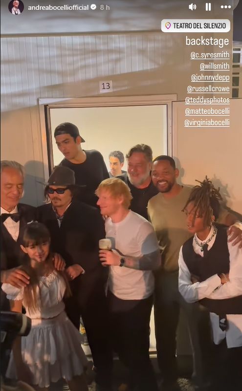 Andrea Bocelli con Russell Crowe, Johnny Depp, Ed Sheeran y Will Smith en su concierto en Italia, julio 2024