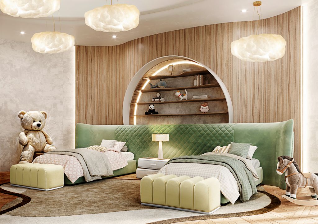 La madera y los muebles tapizados son protagonistas en un dormitorio infantil para dos hermanos