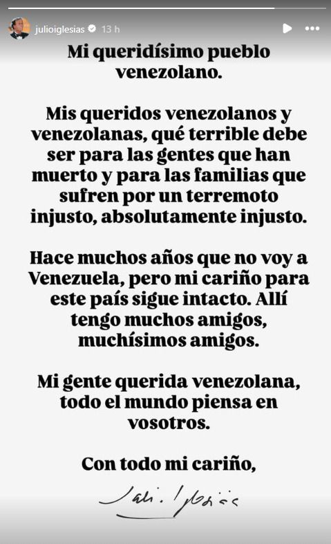 Julio Iglesias dedicó un emotivo mensaje al pueblo venezolano, al que trasladó todo su cariño tras la tragedia