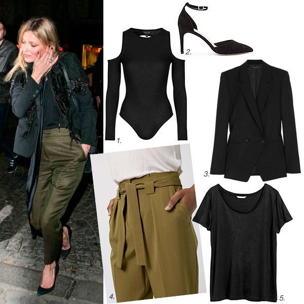 'Uniforme' de noche apto para todos los armarios: pantalón pinzado en verde oliva con americana y complementos de fiesta, como una bufanda con flecos o pedrería, clutch y salones.
