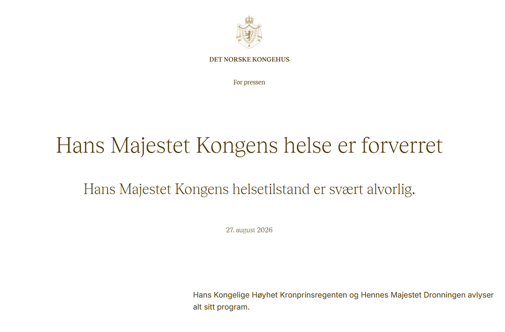 La Casa Real de Noruega emitió un comunicado oficial sobre el grave estado de salud del rey Harald de Noruega.