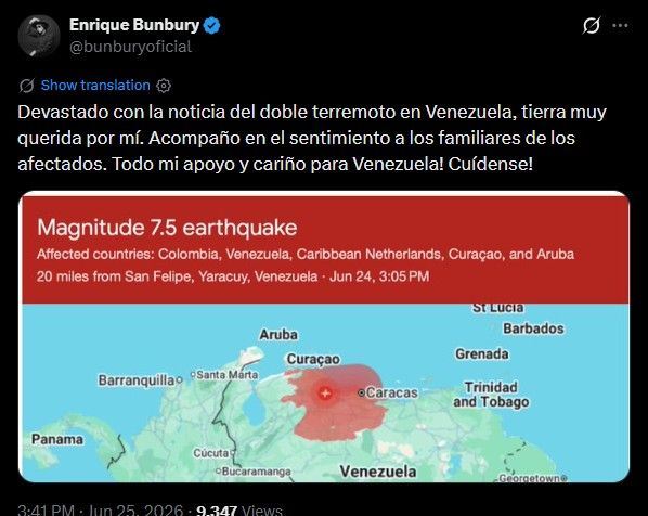 Bunbury, afincado en Estados Unidos, envió su apoyo y cariño a Venezuela tras el doble terremoto que ha sacudido el país.