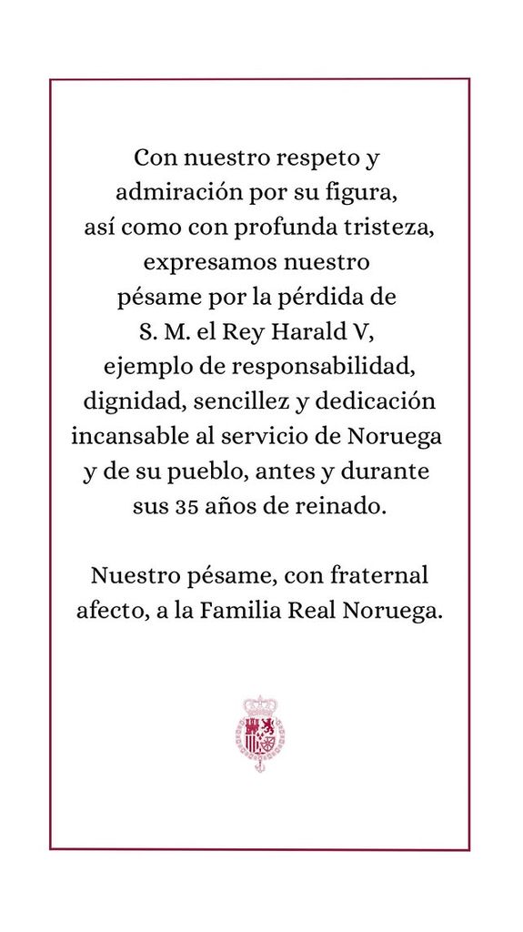 El mensaje de la Casa Real de España tras el fallecimiento del rey Harald de Noruega.