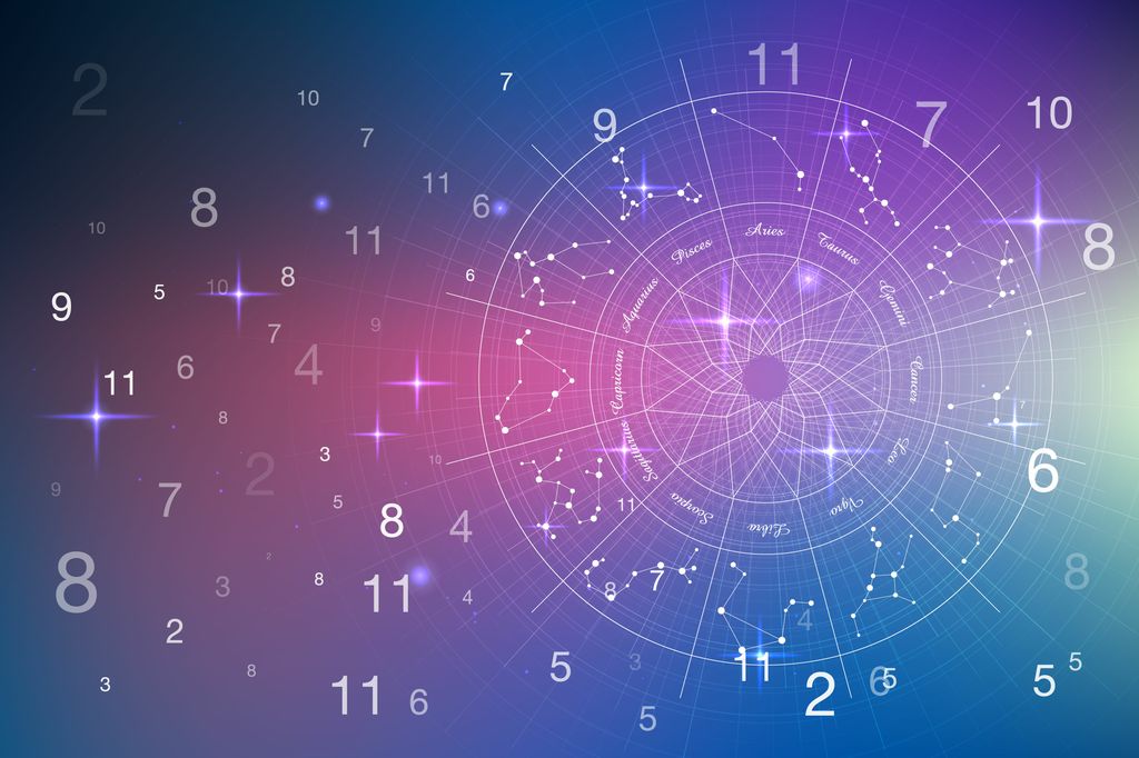Concepto de astrología y numerología con signos del zodíaco y números sobre el cielo estrellado.